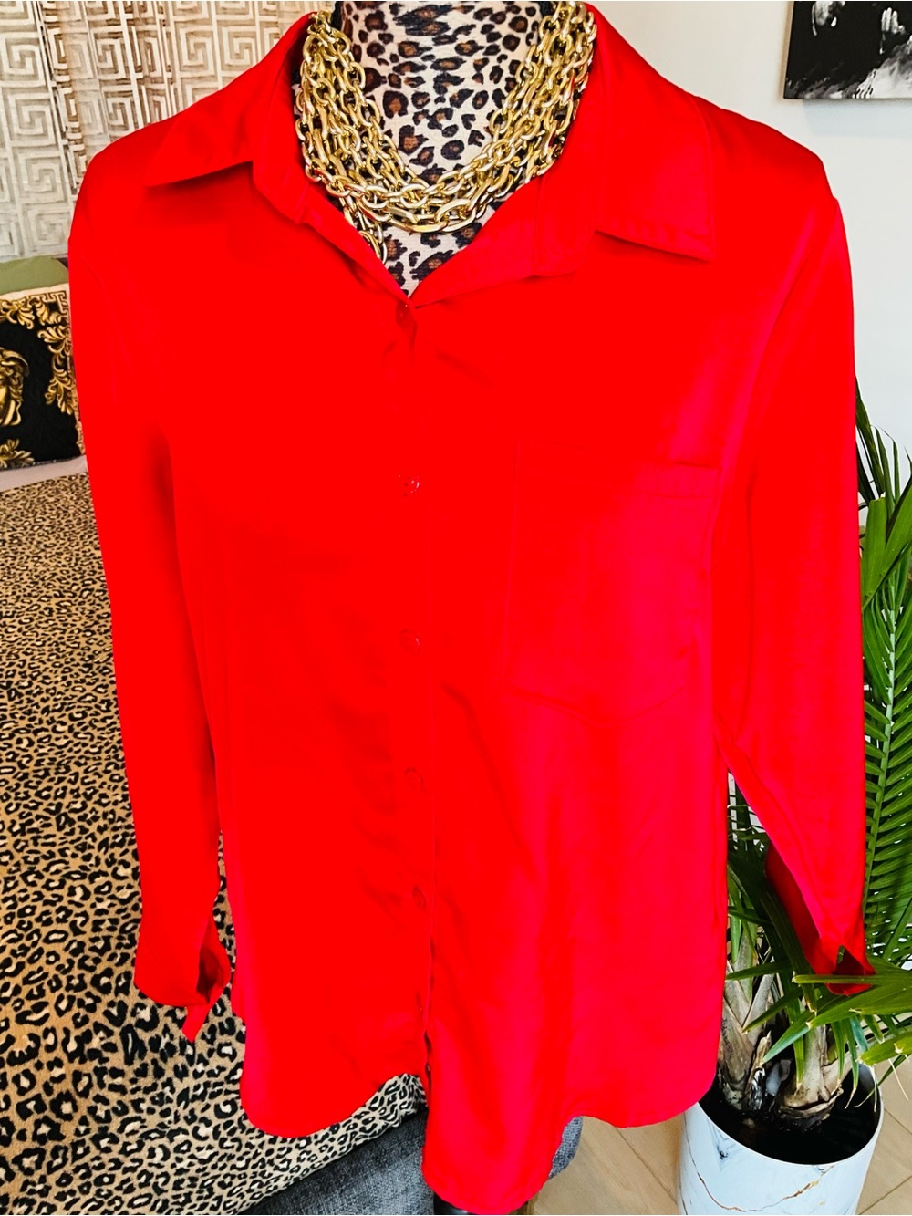 Red Button-Up Blouse - Classic Collared Top - Picture 6 of 8